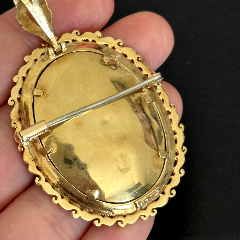 18K 750 Yellow Gold Antique Portrait Floral Scroll Framed Woman Pin Pendant - Picture 14 of 16